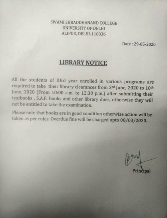 Library Clearance Delhi University's Swami Shraddhanand College Releases Notice For ...
