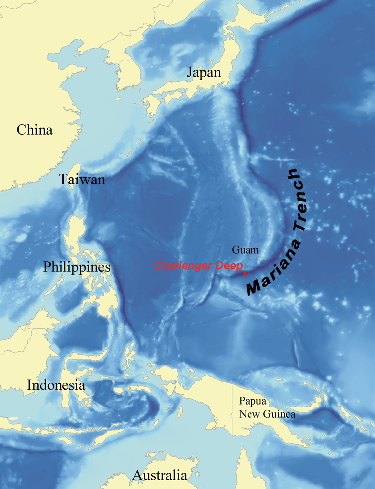 Location of Challenger Deep within the Mariana Trench and Western Pacific Ocean.
