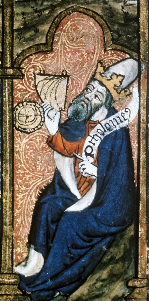 Ptolemy, as depicted in a copy (c. 1403/04) of the Bible historiale of Guiart des Moulins. Ptolemy was the most famous astronomer of Classical antiquity.