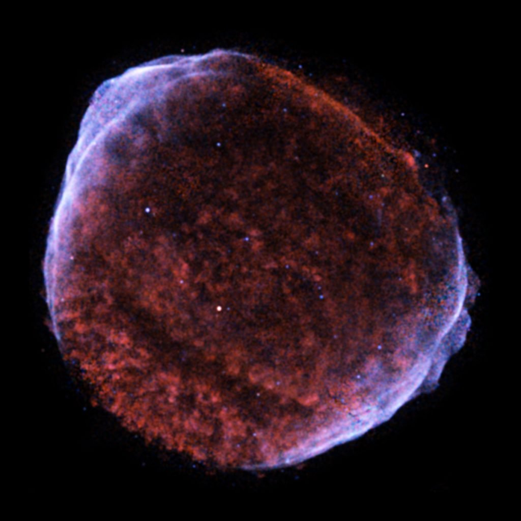 Chandra's image of SN 1006 shows X-rays from multimillion degree gas (red/green) and high-energy electrons (blue). In the year 1006 a "new star" appeared in the sky and in just a few days it became brighter than the planet Venus. We now know that the event heralded not the appearance of a new star, but the cataclysmic death of an old one. It was likely a white dwarf star that had been pulling matter off an orbiting companion star. When the white dwarf mass exceeded the stability limit (known as the Chandrasekhar limit), it exploded. Material ejected in the supernova produced tremendous shock waves that heated gas to millions of degrees and accelerated electrons to extremely high energies. 