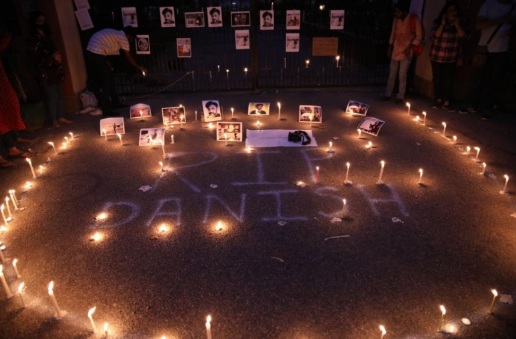 Candlelight vigil outside the gates of Jamia Milia Islamia University, Delhi. 